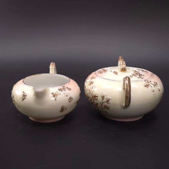 MCM Japanese Porcelain Embossed Floral Design Sugar & Creamer Set Gold Trim - Picture 2 of 11
